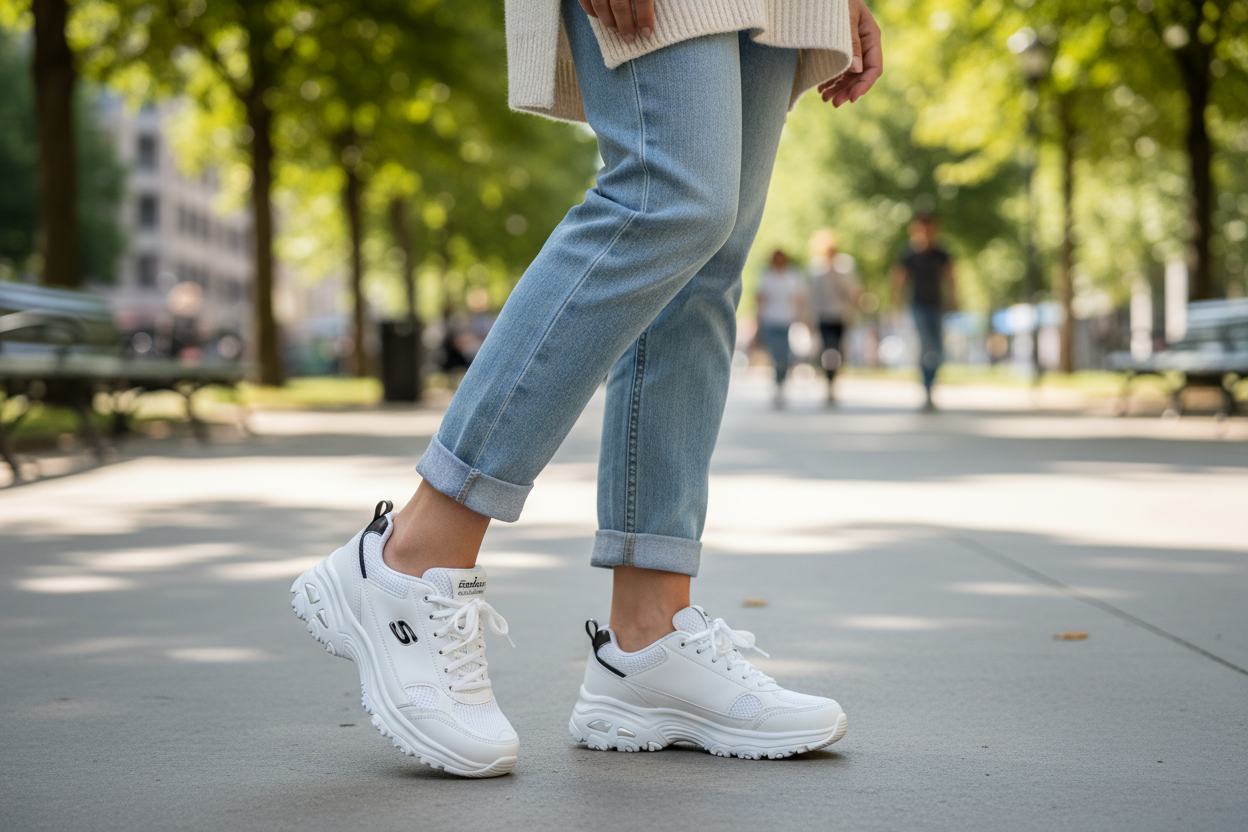 Femme porte des chaussures skechers